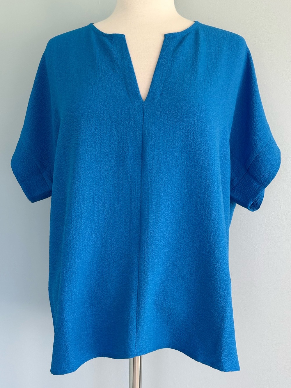 ZENANA Oversized Relaxed Fit Top Textured Blue Short Sleeve Blouse Sz M